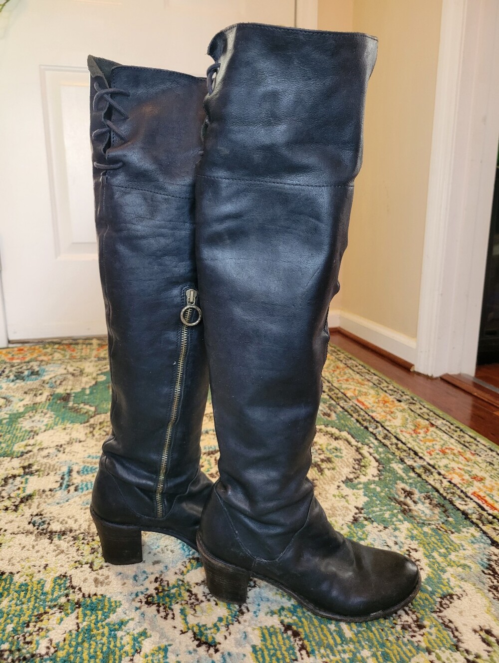 FIORENTINI + BAKER Tall Corset Lace Up Black Leather Heeled Boots EU 38 US 7.5-8